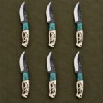 Set of 6 matching pieces: Bonewarden Hand Forged Damascus Skinner Knife with White Bone Handle