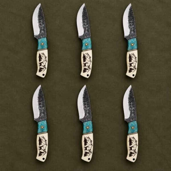 Set of 6 Bonewarden Hand Forged Damascus Skinner Knife with White Bone Handle | Groomsmen Gift Set | RK-376-S6
