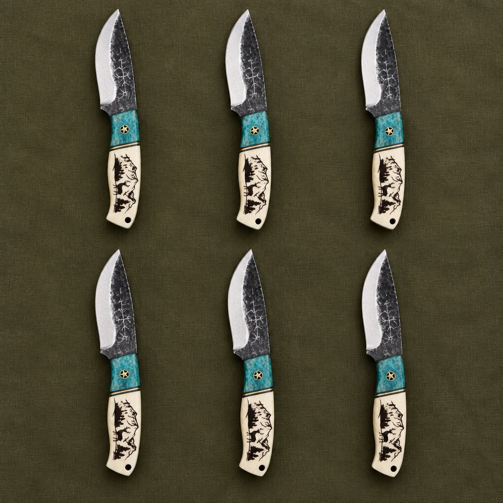 Set of 6 matching pieces: Bonewarden Hand Forged Damascus Skinner Knife with White Bone Handle Set of 6 matching pieces: Bonewarden Hand Forged Damascus Skinner Knife with White Bone Handle