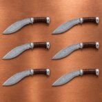 Set of 6 matching pieces: Coilbrand Hand Forged Damascus Kukri Knife with Stacked Leather