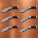 Set of 6 Coilbrand Hand Forged Damascus Kukri Knife with Stacked Leather | Groomsmen Gift Set | RK-2196-S6