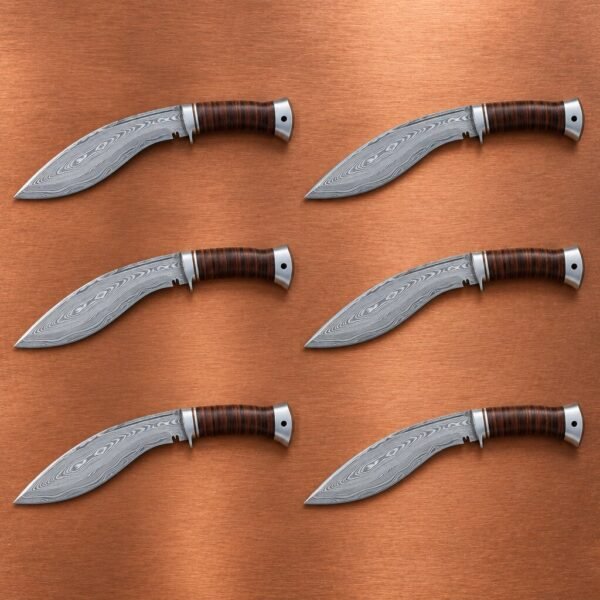 Set of 6 Coilbrand Hand Forged Damascus Kukri Knife with Stacked Leather | Groomsmen Gift Set | RK-2196-S6