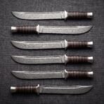 Set of 6 matching pieces: Emberstack Hand Forged Damascus Bowie Knife with Stacked Leather