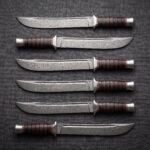 Set of 6 Emberstack Hand Forged Damascus Bowie Knife with Stacked Leather | Groomsmen Gift Set | RK-2178-S6
