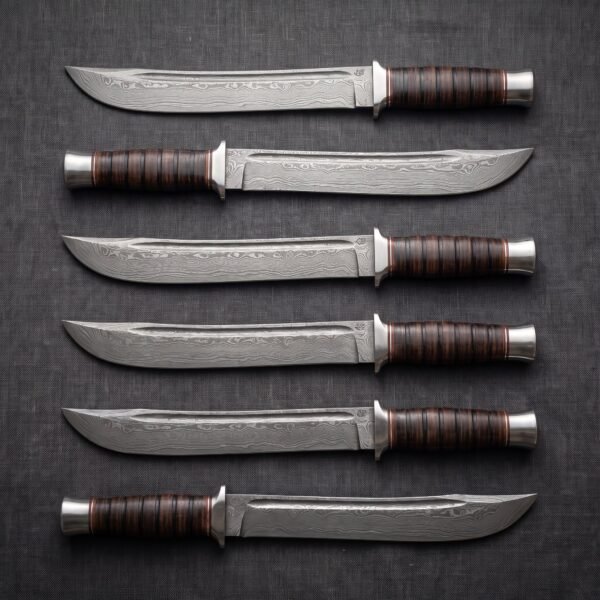 Set of 6 matching pieces: Emberstack Hand Forged Damascus Bowie Knife with Stacked Leather