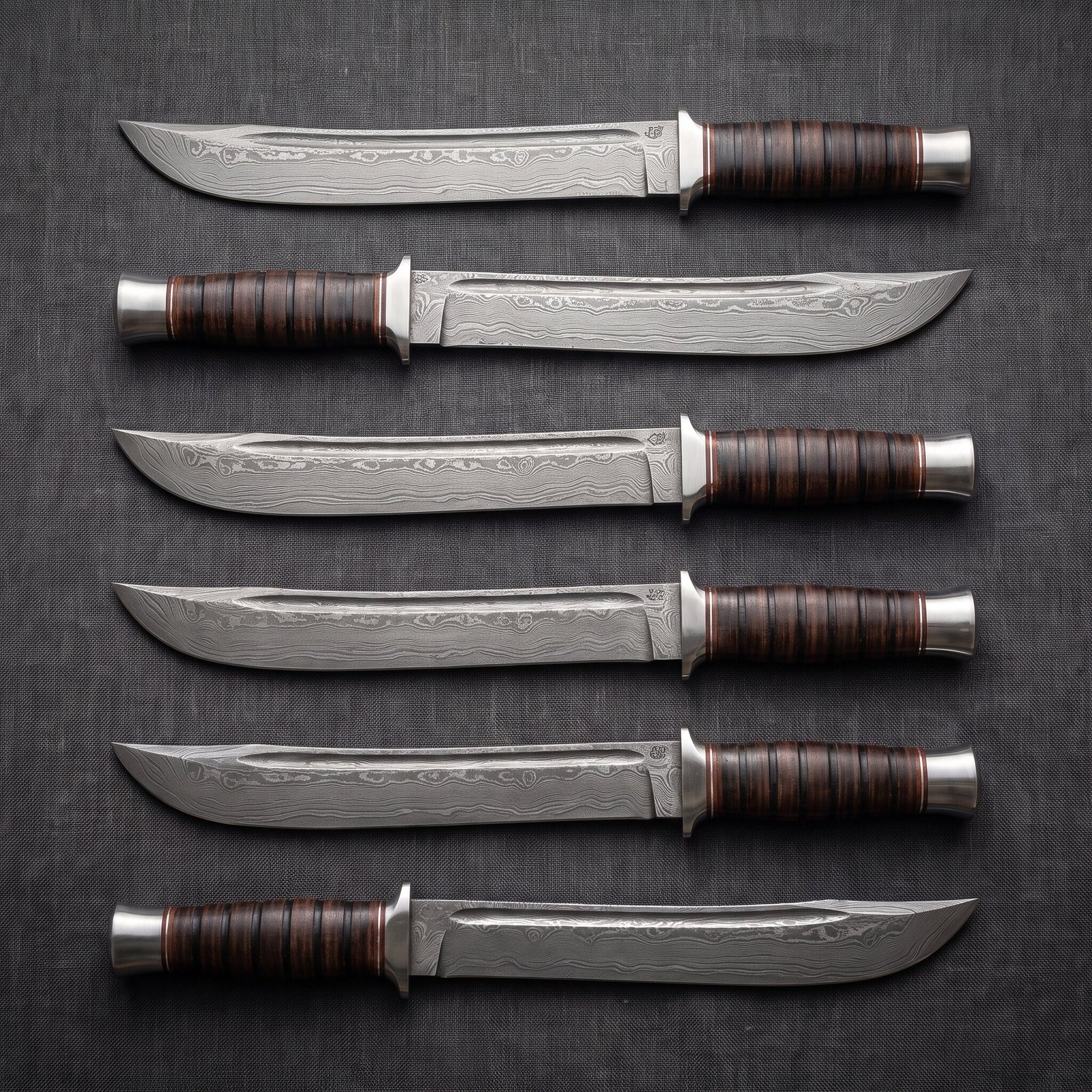 Set of 6 matching pieces: Emberstack Hand Forged Damascus Bowie Knife with Stacked Leather Set of 6 matching pieces: Emberstack Hand Forged Damascus Bowie Knife with Stacked Leather