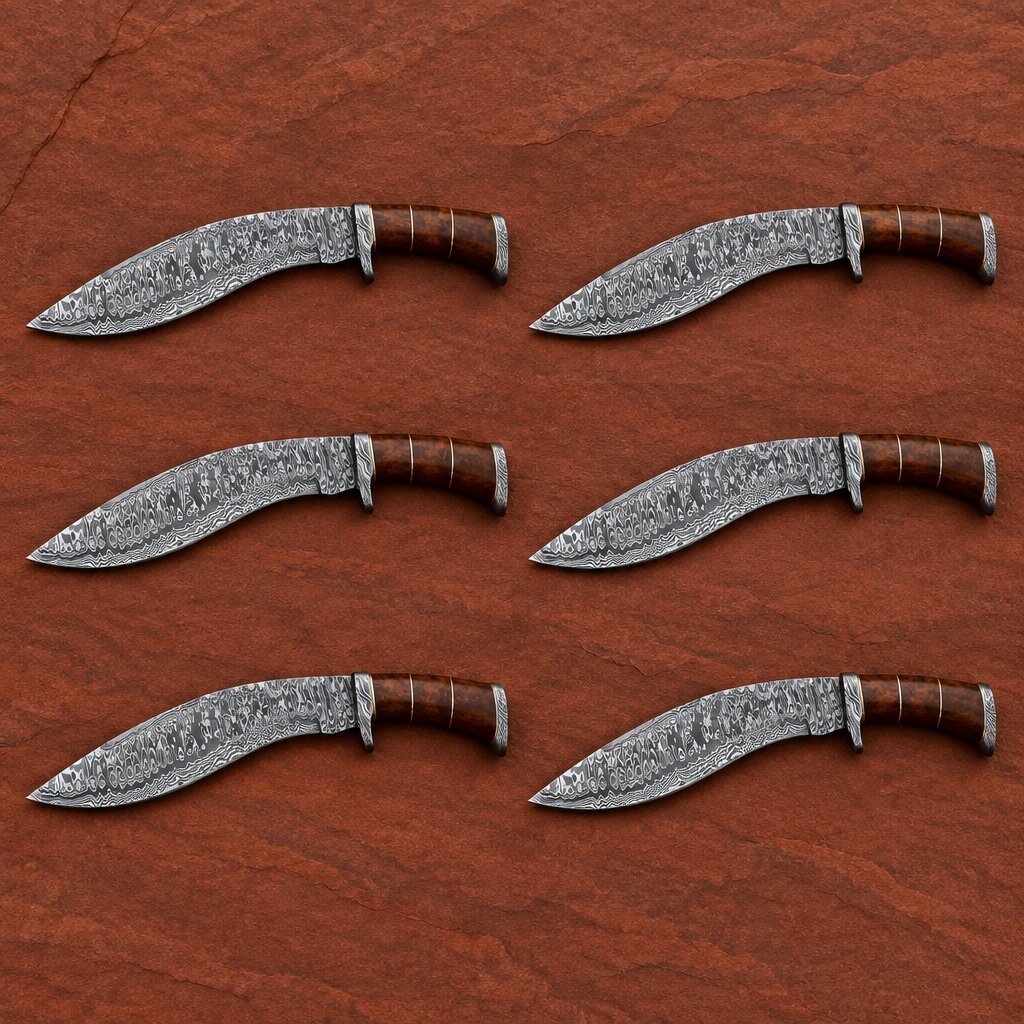 Set of 6 matching pieces: Gurkhastag Hand Forged Damascus Kukri Knife with Stag Horn Set of 6 matching pieces: Gurkhastag Hand Forged Damascus Kukri Knife with Stag Horn