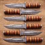 Set of 6 matching pieces: Gutwarden Hand Forged Damascus Gut Hook Hunting Knife