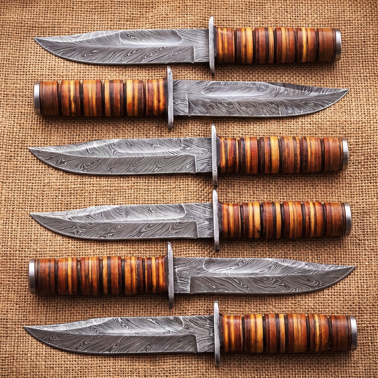 Set of 6 matching pieces: Gutwarden Hand Forged Damascus Gut Hook Hunting Knife Set of 6 matching pieces: Gutwarden Hand Forged Damascus Gut Hook Hunting Knife