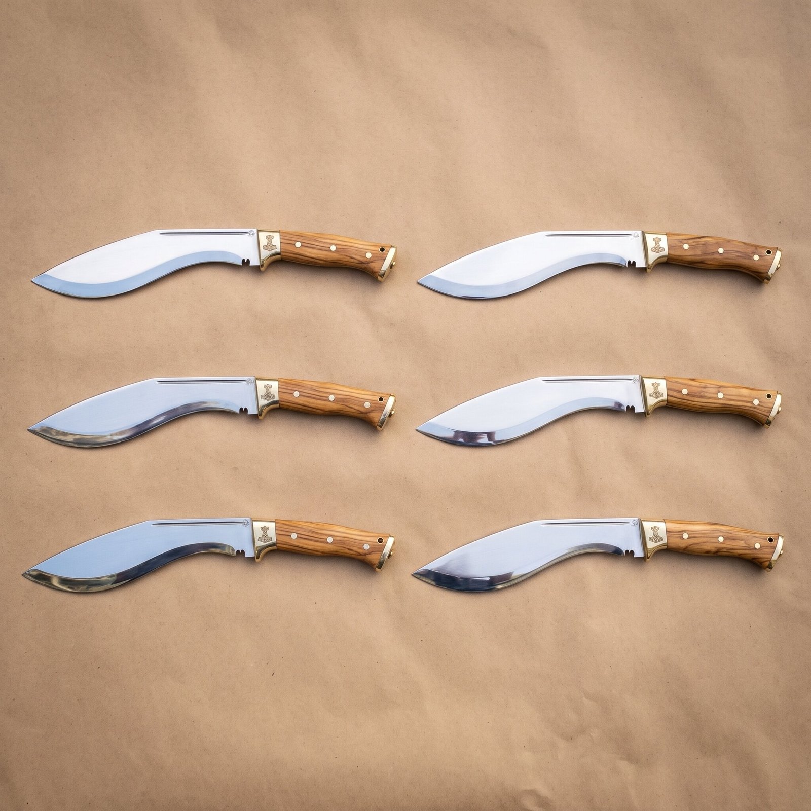 Set of 6 matching pieces: Hammergrove Hand Forged 1095 Steel Kukri Knife with Olive Wood Handle Set of 6 matching pieces: Hammergrove Hand Forged 1095 Steel Kukri Knife with Olive Wood Handle