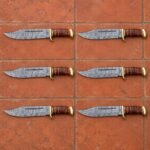 Set of 6 matching pieces: Hornreach Hand Forged Damascus Bowie Knife with Buffalo Horn