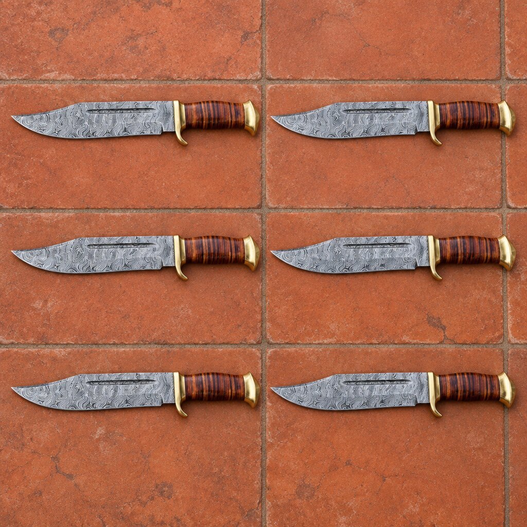 Set of 6 matching pieces: Hornreach Hand Forged Damascus Bowie Knife with Buffalo Horn Set of 6 matching pieces: Hornreach Hand Forged Damascus Bowie Knife with Buffalo Horn