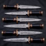Set of 6 matching pieces: Hornspire Hand Forged Damascus Dagger Knife with Stag Horn