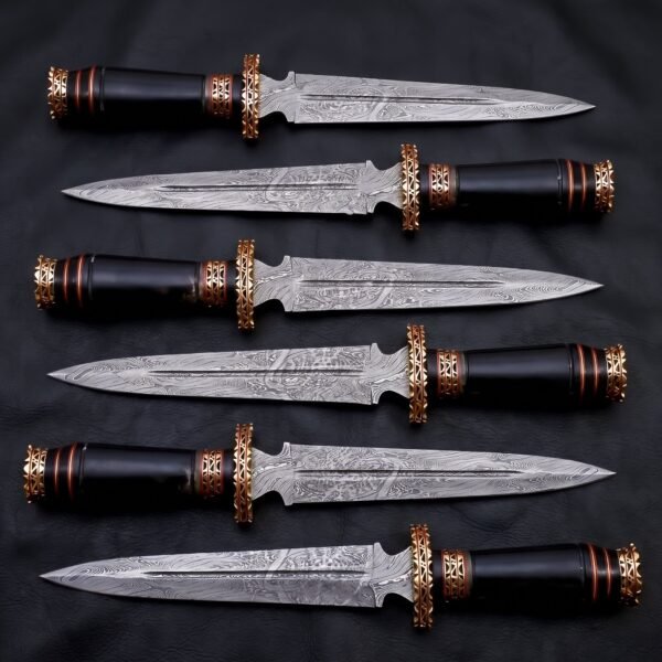 Set of 6 matching pieces: Hornspire Hand Forged Damascus Dagger Knife with Stag Horn