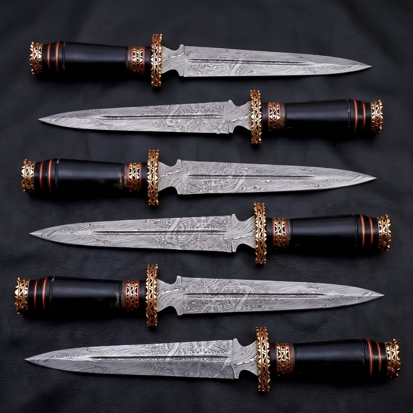 Set of 6 matching pieces: Hornspire Hand Forged Damascus Dagger Knife with Stag Horn Set of 6 matching pieces: Hornspire Hand Forged Damascus Dagger Knife with Stag Horn