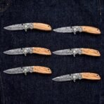 Set of 6 matching pieces: Olivefold Hand Forged Damascus Folding Pocket Knife with Olive Wood