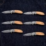 Set of 6 Olivefold Hand Forged Damascus Folding Pocket Knife with Olive Wood | Groomsmen Gift Set | RK-689-S6