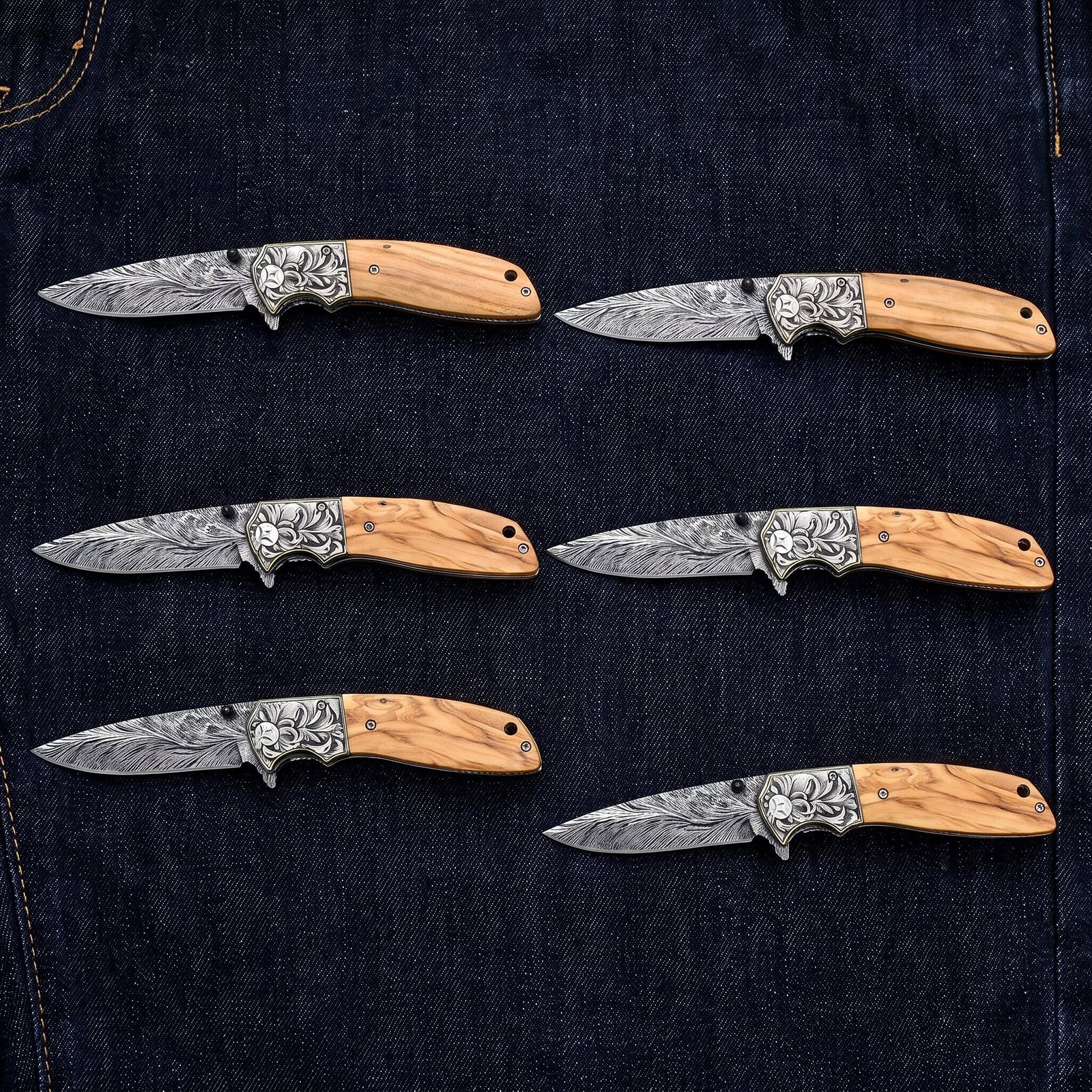 Set of 6 matching pieces: Olivefold Hand Forged Damascus Folding Pocket Knife with Olive Wood Set of 6 matching pieces: Olivefold Hand Forged Damascus Folding Pocket Knife with Olive Wood