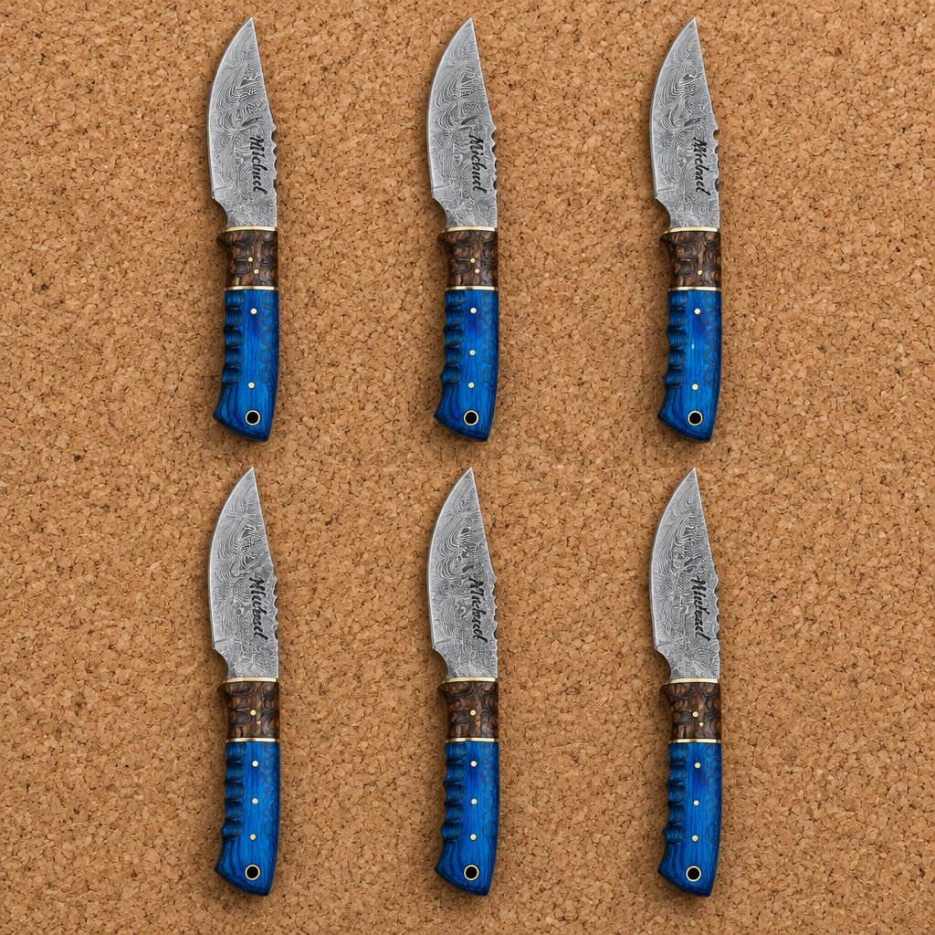 Set of 6 matching pieces: Pakkacamp Hand Forged Damascus Camp Knife with Pakka Wood Handle Set of 6 matching pieces: Pakkacamp Hand Forged Damascus Camp Knife with Pakka Wood Handle