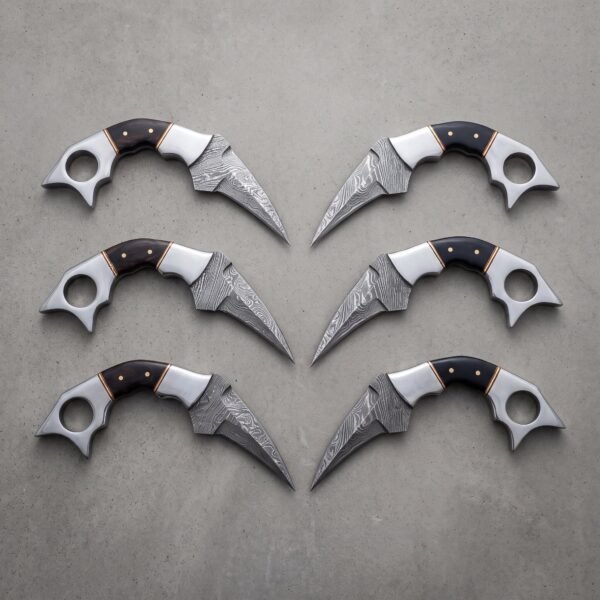 Set of 6 matching pieces: Ramclaw Hand Forged Damascus Karambit Knife with Ram Horn Handle