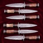 Set of 6 matching pieces: Steelpommel Hand Forged Damascus Dagger Knife with Wood and Dyed Bone