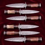 Set of 6 matching pieces: Steelpommel Hand Forged Damascus Dagger Knife with Wood and Dyed Bone