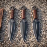 Set of three hand forged black coated Viking throwing knives with paracord wrapped grips and ring pommels laid on gravel beside an open brown leather knife roll