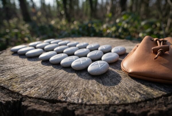 Set of white engraved rune stones spread across a tree stump beside a tan leather drawstring pouch in a forest