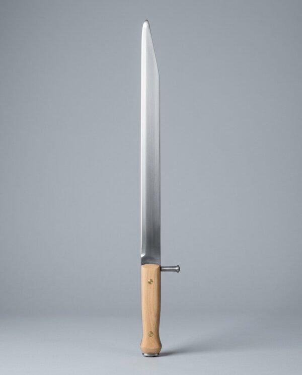 Sharp bauernwehr long knife with a side nagel, pale wood scales and an acute clipped point shown against a plain studio backdrop