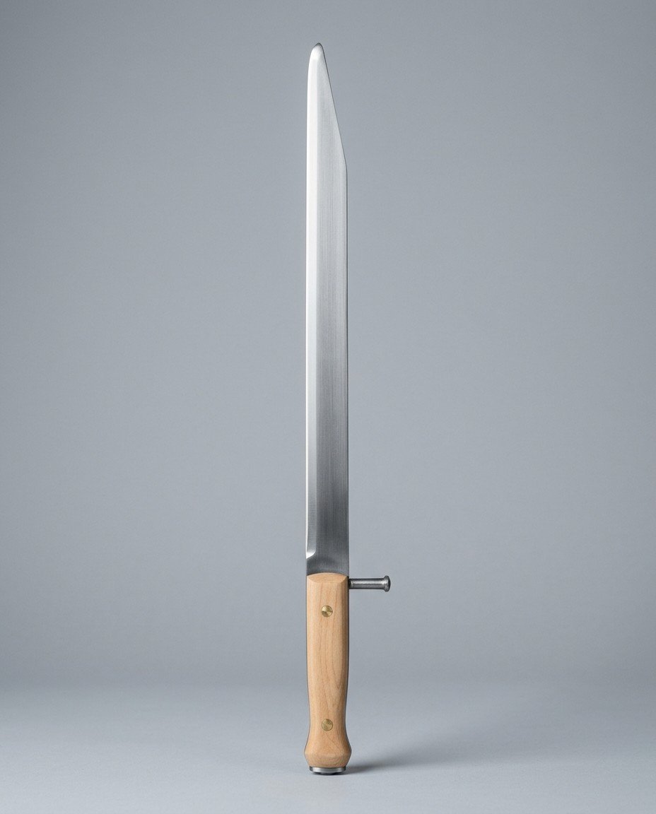 Sharp bauernwehr long knife with side nagel Sharp bauernwehr long knife with a side nagel, pale wood scales and an acute clipped point shown against a plain studio backdrop