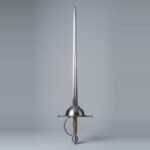 Sharp cup hilt rapier with a solid unpierced cup guard, long quillons ending in ball finials, knuckle bow and brass wire wrapped grip, the blade running to an acute point, against a plain grey studio backdrop