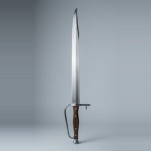 Sharp langes messer with a full knuckle bow running from the cross to the trumpet butt cap, a fuller close to the spine and an upswept clipped point, the scales held by four brass rivets, against a plain grey studio backdrop