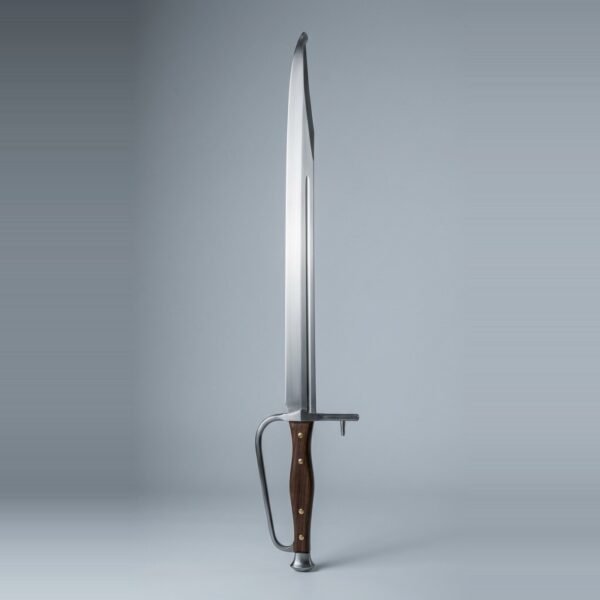 Sharp langes messer with a full knuckle bow running from the cross to the trumpet butt cap, a fuller close to the spine and an upswept clipped point, the scales held by four brass rivets, against a plain grey studio backdrop