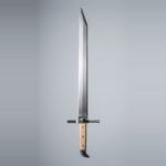Sharp langes messer with a ground single edge, clipped point, wooden scale grip held by three brass rivets and a blackened beak shaped butt cap against a plain grey studio backdrop