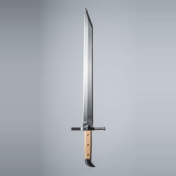 Sharp langes messer with a ground single edge, clipped point, wooden scale grip held by three brass rivets and a blackened beak shaped butt cap against a plain grey studio backdrop