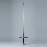 Side ring arming sword trainer with two rings above a straight cross, a narrow unfullered blade, black leather grip and sphere pommel laid on a plain grey studio backdrop