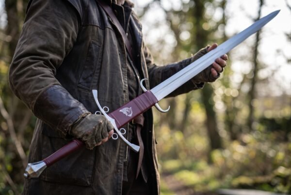 Side ring sword with burgundy grip held across the body by a man in a waxed jacket in the woods