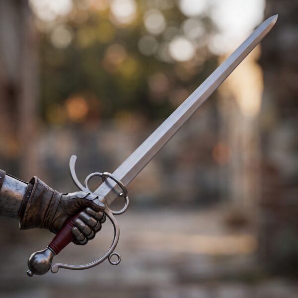 Sidesword raised in an armoured hand, showing the finger rings, curled knuckle bow and pear shaped pommel against blurred ruins