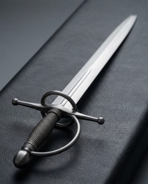 Sidesword trainer with ball finial cross, side ring, knuckle bow and steel wire grip on a black leather surface