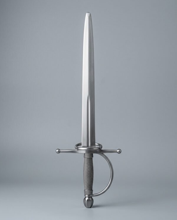 Sidesword trainer with a ball finial cross, single side ring, knuckle bow and steel wire wound grip lying on a plain grey studio backdrop