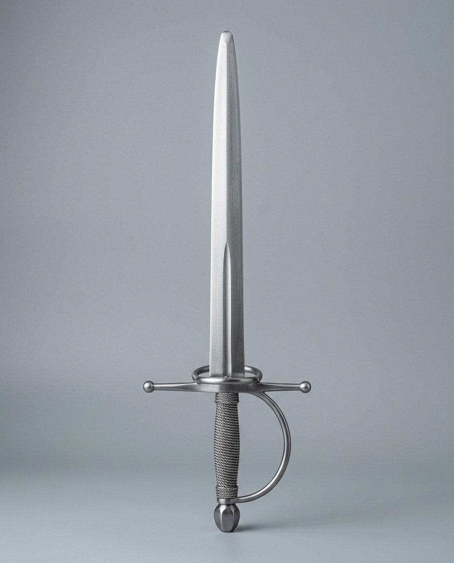 Valdris Sidesword Trainer RK-3015 Sidesword trainer with a ball finial cross, single side ring, knuckle bow and steel wire wound grip lying on a plain grey studio backdrop