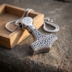 Silver finish Mjolnir pendant with Celtic knotwork and a vegvisir crown, box chain trailing from a small oak box on stone
