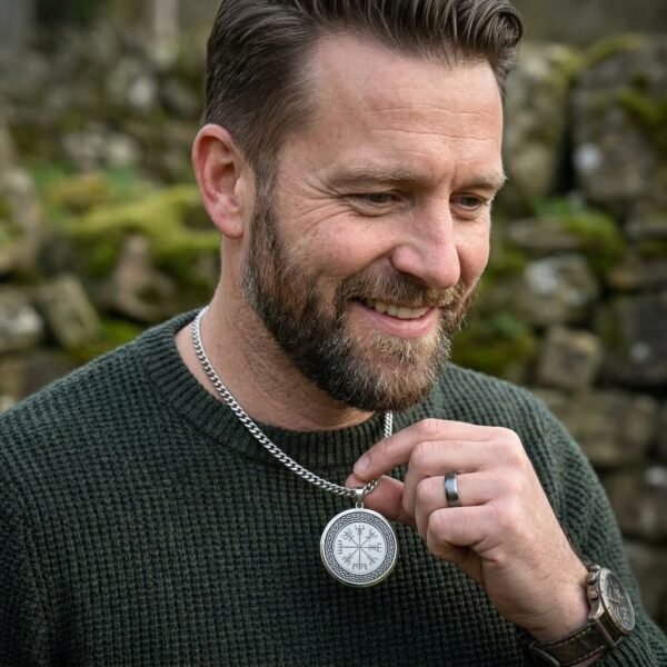 Silver finish vegvisir pendant on a curb chain worn by a smiling bearded man in a green jumper against a stone wall