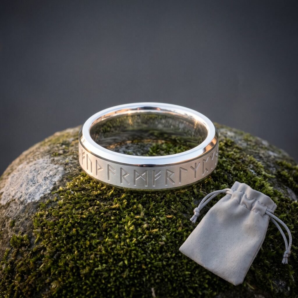 Silver tone Viking rune ring with an Elder Futhark band cut into a brushed centre panel and polished bevelled edges standing on wet moss beside a grey suede pouch