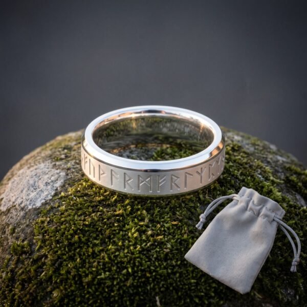 Silver tone Viking rune ring with an Elder Futhark band cut into a brushed centre panel and polished bevelled edges standing on wet moss beside a grey suede pouch