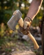 Single bit felling axe with engraved knotwork cheek and pale ash handle gripped in a gloved hand outdoors