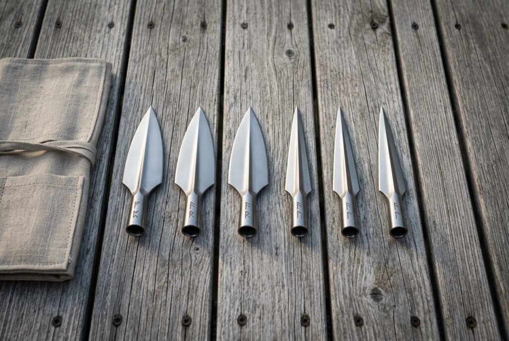 Six hand forged viking spearhead blades in graduated sizes with socketed collars and rune marks laid out on weathered grey decking beside a rolled canvas tool roll