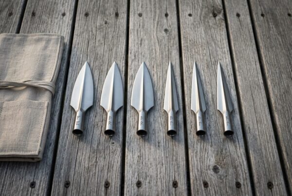 Six hand forged viking spearhead blades in graduated sizes with socketed collars and rune marks laid out on weathered grey decking beside a rolled canvas tool roll