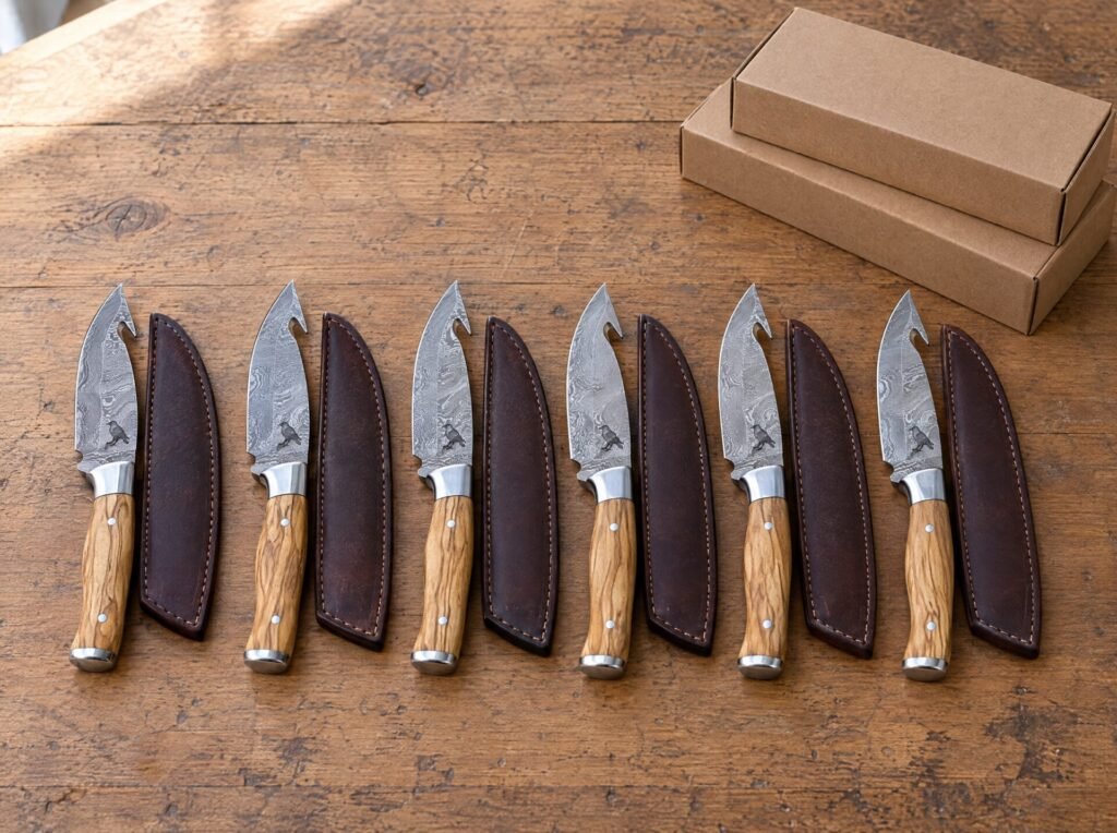 Six matching Damascus gut hook knives with olive wood handles and leather sheaths in a row beside cardboard shipping boxes