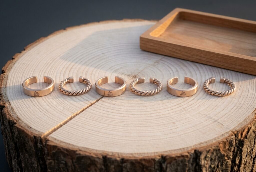 Six piece viking ring set of open ended bronze tone Valknut bands and twisted wire cuffs laid across a pale birch log slice beside a shallow wooden tray